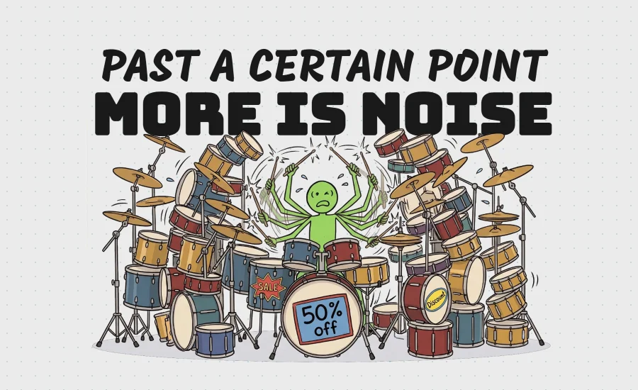 Cartoon drummer with six arms buried in a drum kit covered in discount signs, illustrating an overloaded promotional email calendar. Caption: Past a certain point more is noise.